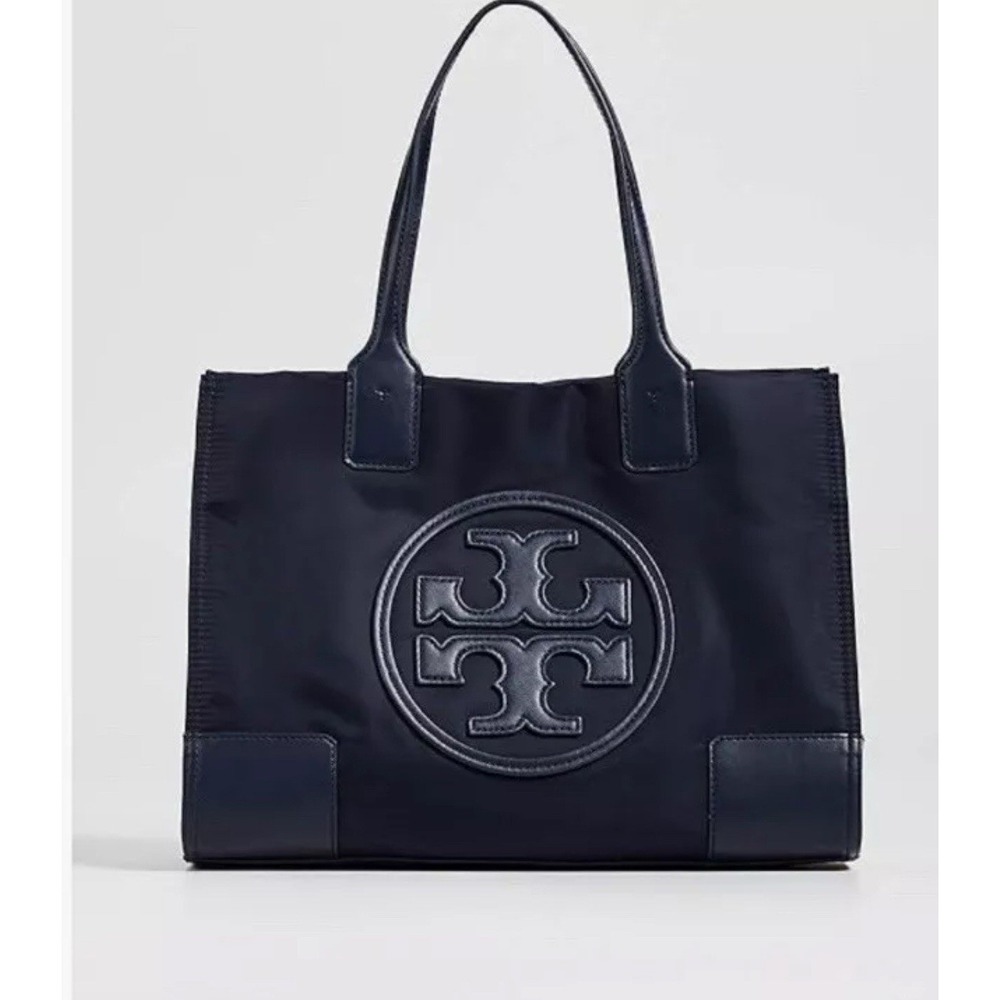 Tory Burch Ella Tote Navy Nylon Small Bag Largo Logo‎ Patch Double Handle